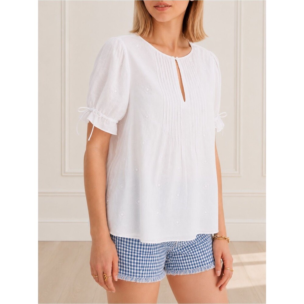 Madewell Embroidered Pintuck Tie Sleeve Cotton Blouse White Size Small Boho Top